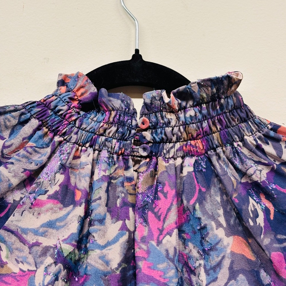 Rebecca Taylor Silk Metallic Floral Smocked Mock Neck Blouse Purple Blue Size 0 - Picture 6 of 8